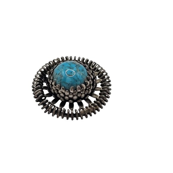 VTG Brooch Silver Tone Turquoise Stone Native Art Point Boho Chic Statement Pin - Picture 4 of 11